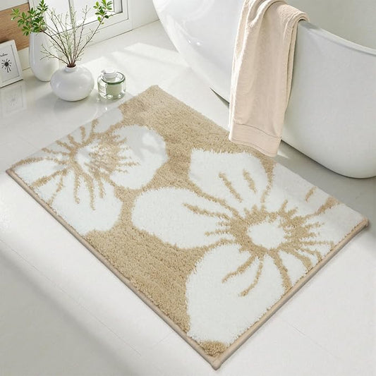 Uphome Bath Mats for Bathroom, 18x26 Modern Floral Bathroom Rug Non Slip, Soft Machine Washable Absorbent Quick Dry Bathroom Mat for Tub, Shower, Floor (Beige)