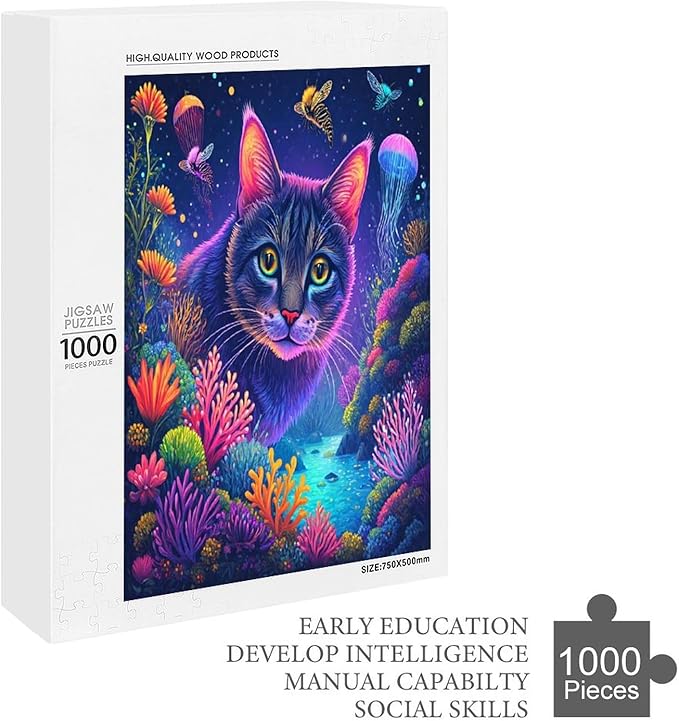 Wooden Puzzles 1000 Piece，Color Cat Portrait Themed Jigsaw Puzzles，Puzzle Games Challenge Puzzles，Educational Games，Family Puzzles，Unique Gifts for Wall Art