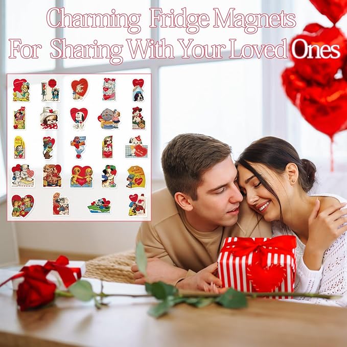 Valentine's Day Fridge Magnet Stickers - 24 Pcs Vintage Valentine's Day Heart Love Dog Refrigerator Magnet Valentine Fridge Stickers for Home Kitchen Office Cruise Locker Mailbox Door Decor