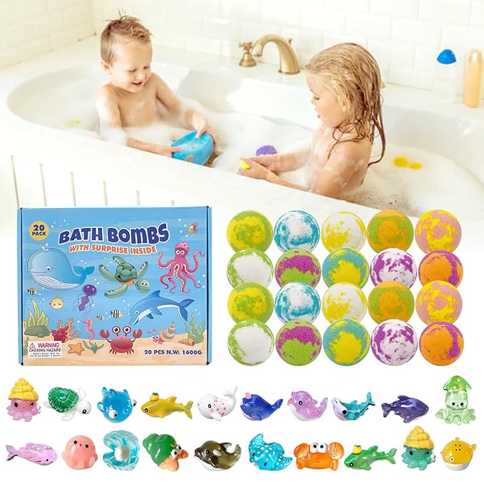 Bath Bombs for Kids with Surprise Inside, 20 Pack Luxury Bath Salt with Bath Toys, Natural Bath Balls for Kids