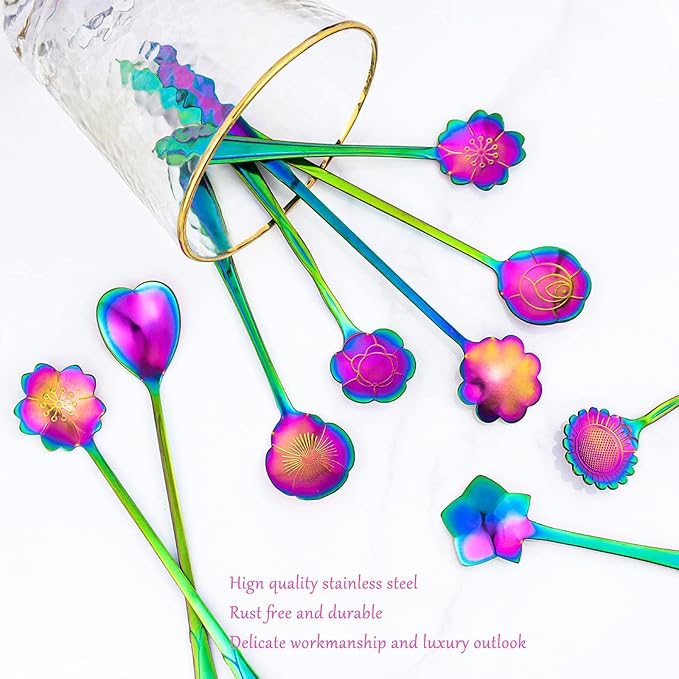 9 PCS Rainbow Flower Spoon Set, 2 Different Size Stainless Steel Reusable Teaspoons for Drink Mixing Milkshake Jam