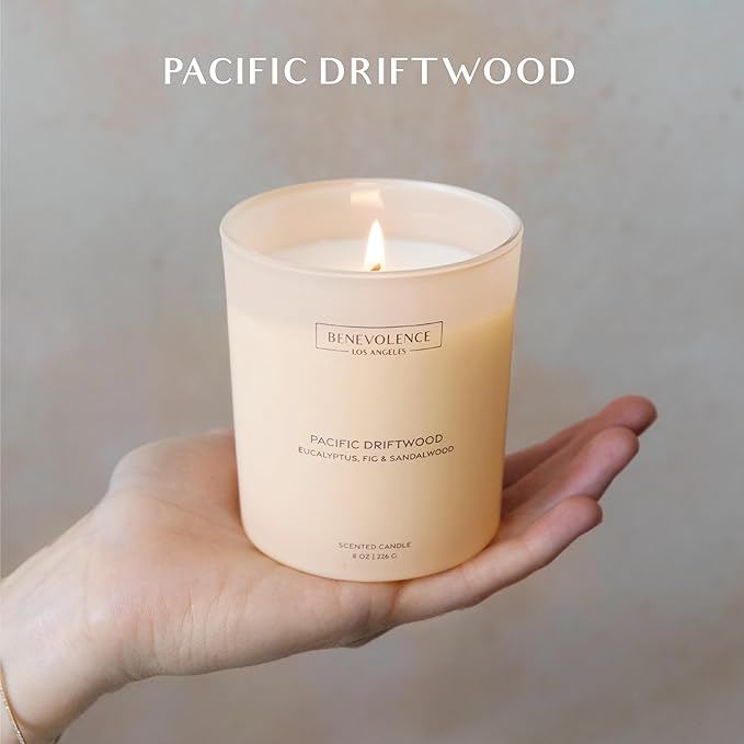 Eucalyptus, Fig & Sandalwood – Benevolence LA Scented Candle for Home | 8oz, 45-Hour Burn | Natural Soy Wax, Cotton Wick | Malibu Sands Collection, Gift for Women & Men