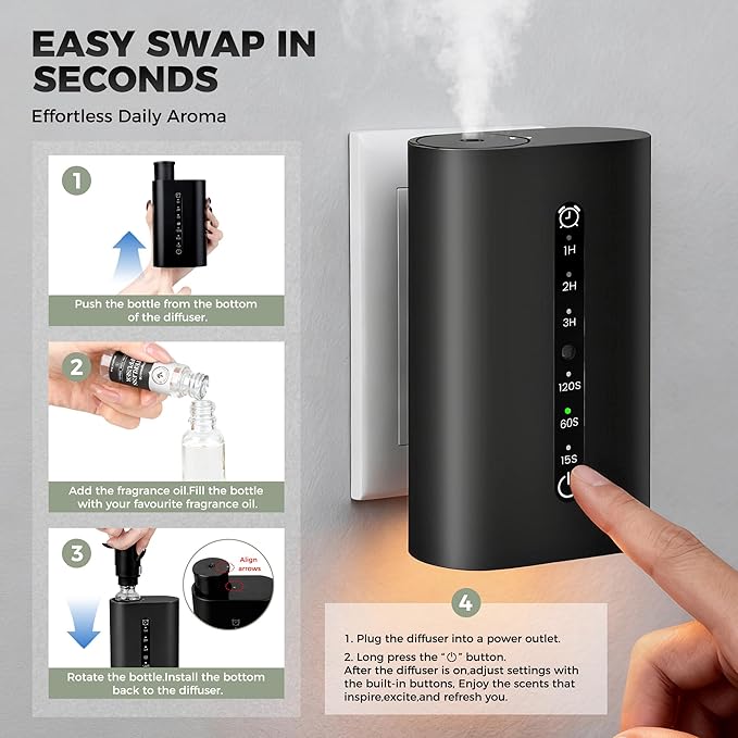 Smart Plug-in Scent Diffuser Set, Waterless Scent Diffusers Home, Cold Air Mist, Timer Control, and 3 Mist Intensity Settings, Suitable for Home, Office, and Small Spaces,Black