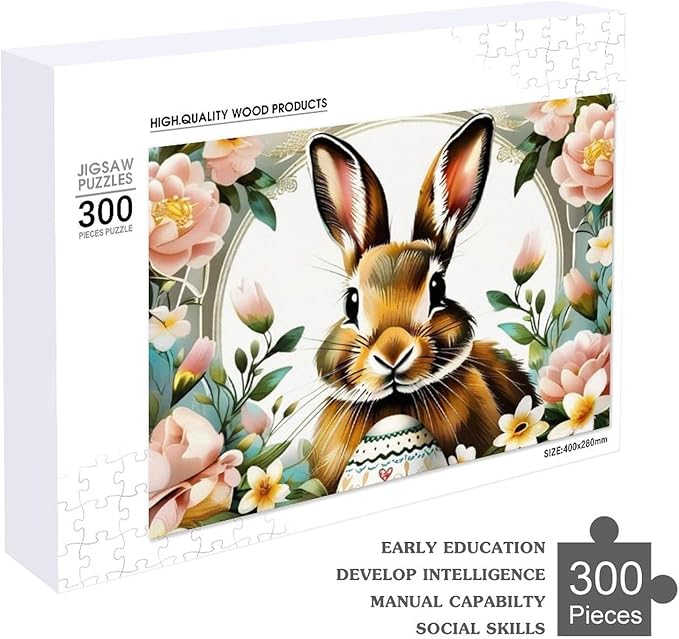 Wooden Puzzle - Easter Bunny with Flower Easter Egg Jigsaw Puzzles，Wooden Puzzles for Adults 300 Pieces Challenge Puzzles，Educational Games，Family Puzzles，Unique Gifts for Wall Art
