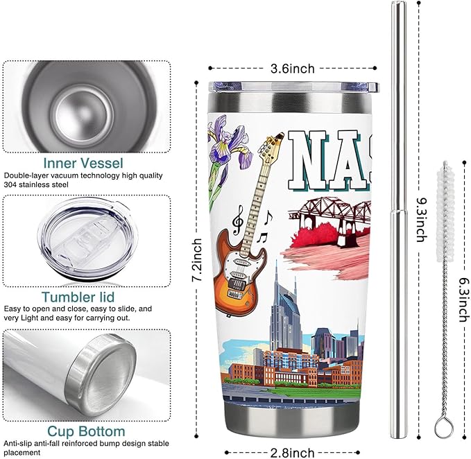 City Tumbler for City Lover,20oz Double Wall Vacuum Insulated Stainless Steel Coffee Cups (Nashville)
