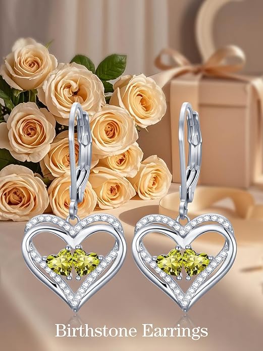 Heart Leverback Earrings Double Birthstone Dangle Earrings for Women, Love Jewelry for Her, Christmas Gifts for Women, Anniversary Birthday Gift for Mom Wife Girlfriend