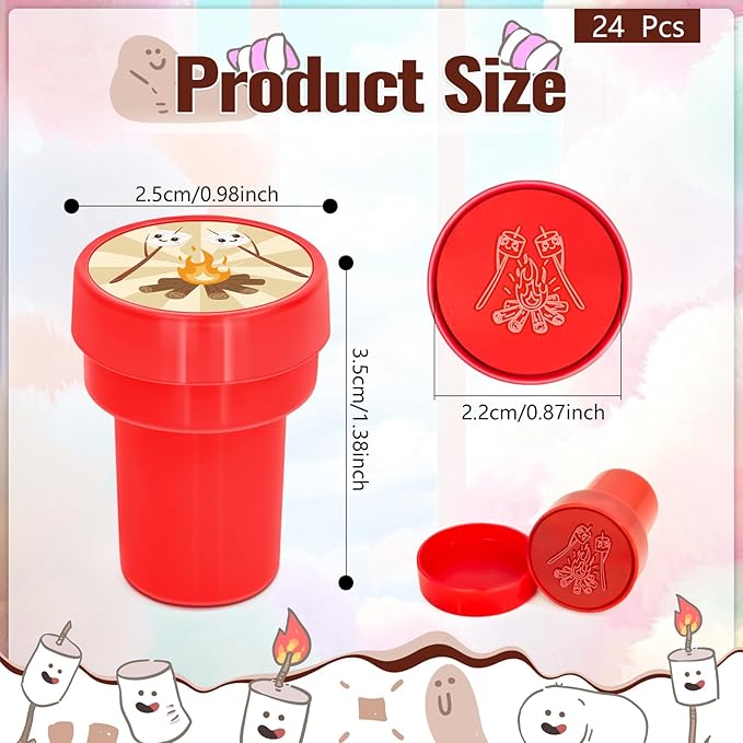 Cinrobiye 24 Pcs Marshmallow Stampers，Cute Smore Camper Party Self-Inking Stamps for Adventure Camping Birthday Party Favors Goodie Bags Crafts Supplies School Rewards Holiday Activities