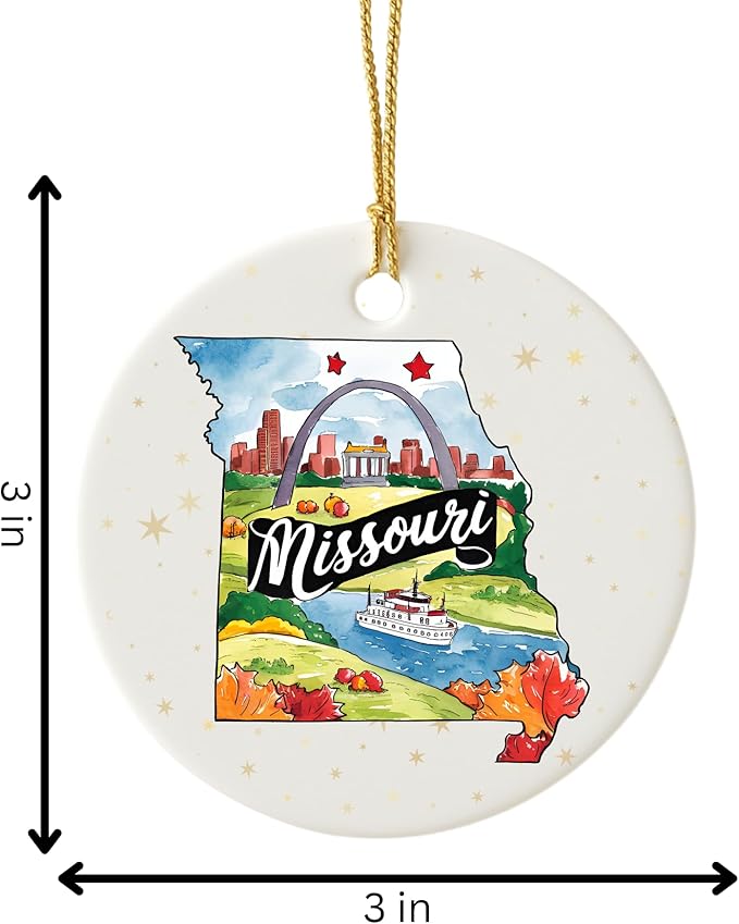 USA State Landmark Ceramic Ornament – Round Glossy Christmas Decoration Featuring U.S. State Art, Landmarks & Holiday Scenery – Collectible Travel Souvenir Ornament Series (Missouri)