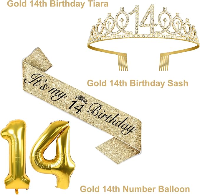 14th Birthday Decorations for Girls Gold with 14th Birthday Sash and Tiara, Candles and Cake Toppers, Number Balloon, 14 Year Old Gifts for Girls