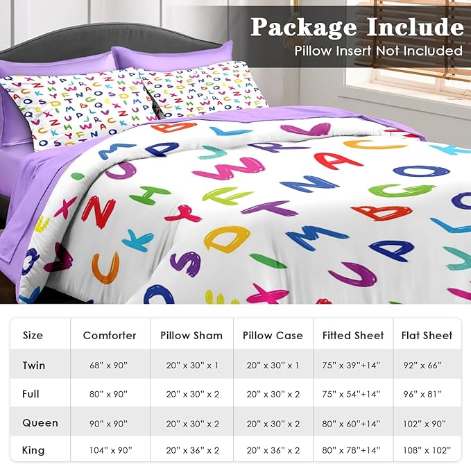 Comforter Set Queen Size, Kids Alphabet 7 Pcs Bedding for Kids and Adults, Multicolored English Preschool Bed Sheet Sets with Fitted Sheet 2 Pillowcases & 2 Shams for Bedroom Bed Decor