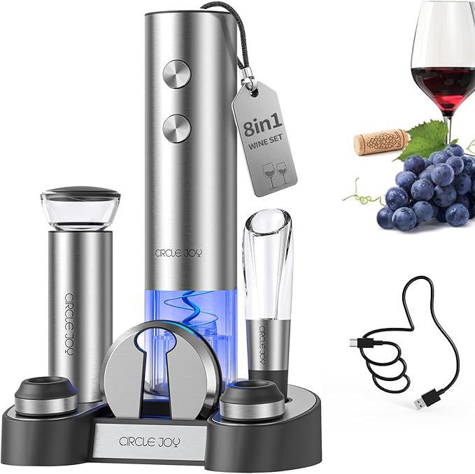 CIRCLE JOY Electric Wine Bottle Opener Set Stainless Steel Rechargeable Wine Opener 8-in-1 Wine Gift Set with Charging base, Foil Cutter, Wine Aerator Pourer, Vacuum Pump & 2 Wine Stoppers