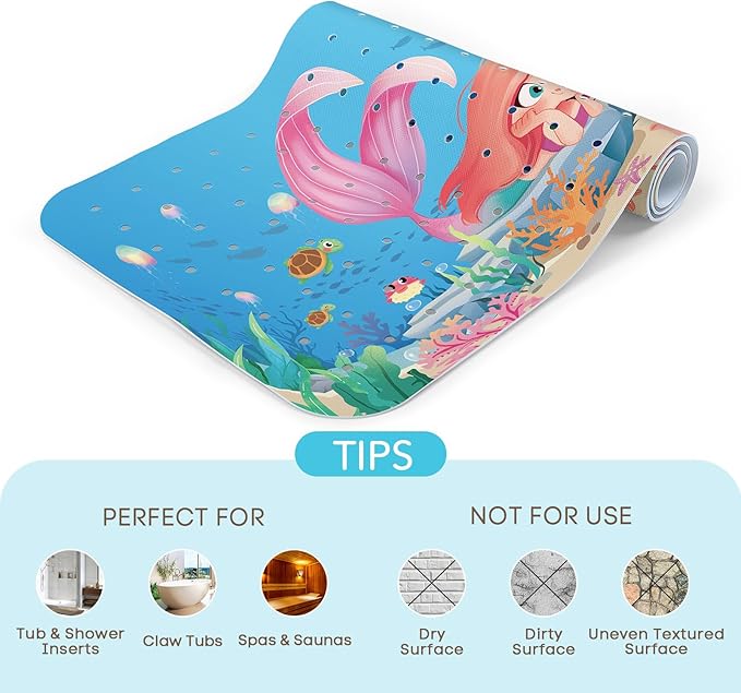 SHUCHING Mermaid Bath Mat for Tub Non Slip-40 X 16 Inch, Girl Bathtub Mat Non Slip, Long Toddler Baby Kids Shower Mat for Bathroom