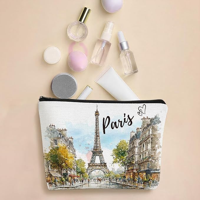 Paris Makeup Bag Gifts for Women – Paris Souvenirs From France Travel Essentials Watercolor Cosmetic Bag with Eiffel Tower Design, Travel Pouch for Girl Toiletries Souvenir Organizer