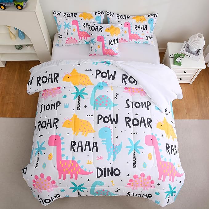 6 Pcs Bed in A Bag Dinosaur Bedding Full Comforter Set for Girls,Pink Dinosaur Bedding Sets with Sheets for Kids