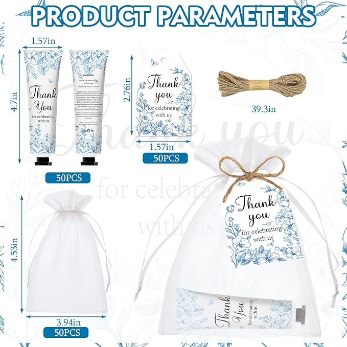 50 Sets Blue Flower Baby Shower Hand Cream Set, Hand Cream Favors for Guests Bridal Wedding Baby Shower Gift Bulk Travel Size Valentine's Gifts with Thank You Card & Organza Bags(blue flower)