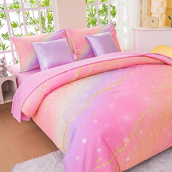 Rainbow Bedding Set Twin Size – 7 Piece Reversible Girls Comforter with Deep-Pocket Sheet, Gradient Galaxy Design, Whole-Piece Filling, Machine Washable Bed-in-a-Bag for Kids Room Makeover & Gifts
