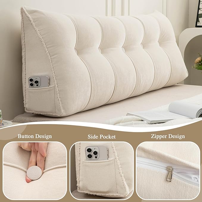 Headboard Pillow Queen, Chenille Triangular Wedge Pillow Headboard Queen Size, Reading Setting Backrest Daybed Pillows for Sofa Bed with Removable Cover, Beige