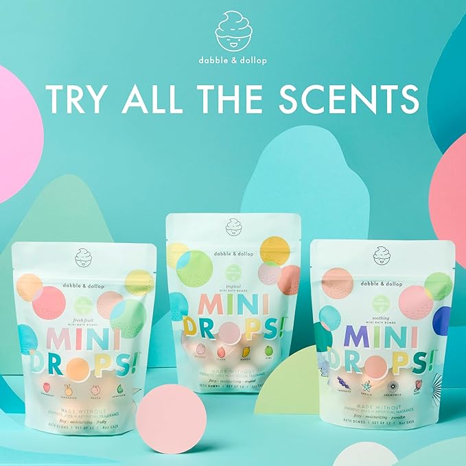 Dabble & Dollop Mini Bath Bombs, 100% Natural Droplets for Kids, Variety Pack - Resealable Pouches, Fizzy, Moisturizing & Fun, Vegan, Gluten-Free, Cruelty-Free (Set of 36)