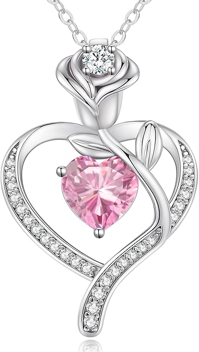 LOUISA SECRET Rose Flower Heart Birthstone Necklaces for Women, 925 Sterling Silver Fine Jewelry, Pendant Heart Necklaces Birthday Anniversary Christmas Gift for Women Wife Mom Girlfriend Lady