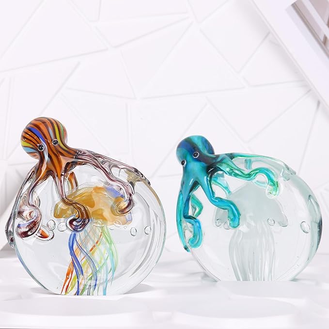 LCCCK Glass Octopus Jellyfish Statue Home Decor, Hand Blown Glass Decor Ocean Figurines Octopus Sculpture, Murano Art Office Desk Paperweights Fish Tank Aquarium Sea Animals Christmas Birthday Gift