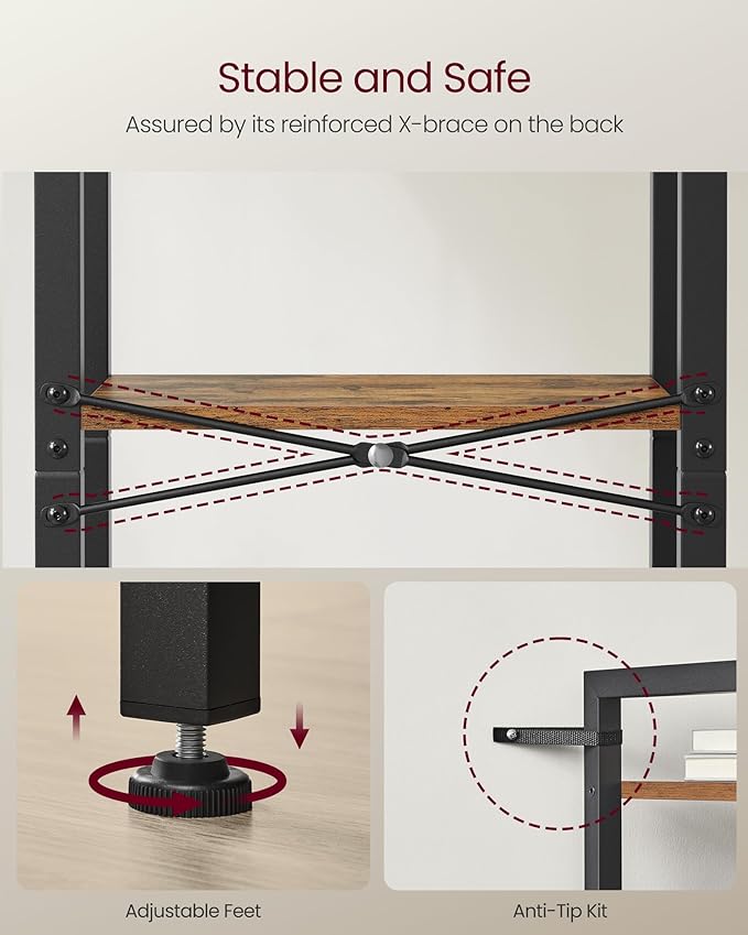 VASAGLE 4-Tier Bookshelf, Bookcase with Steel Frame, Book Shelf for Living Room, Home Office, Study, 9.4 x 15.7 x 42 Inches, Industrial Style, Rustic Brown and Ink Black ULLS099B01