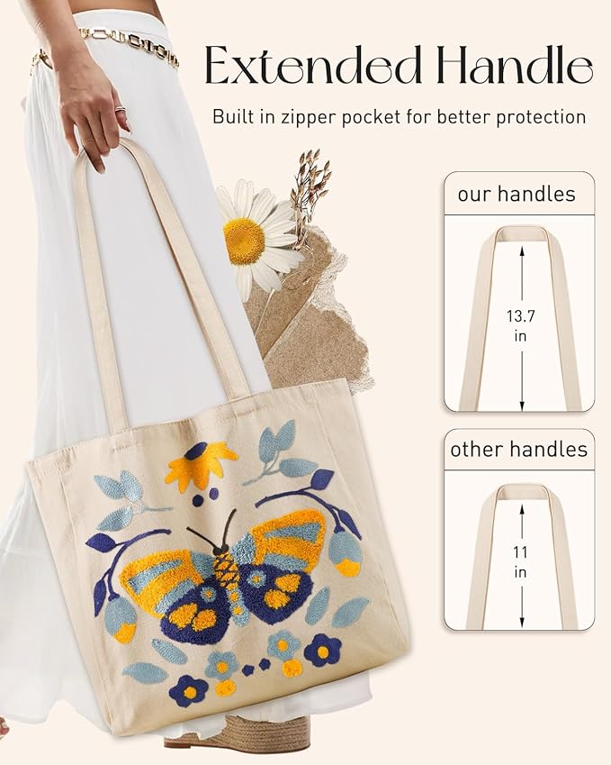 Miss Adola Aesthetic Embroidery Tote Bag for Women - Reusable Canvas Cute Shoulder Bag for Shopping, Grocery, Work, Book