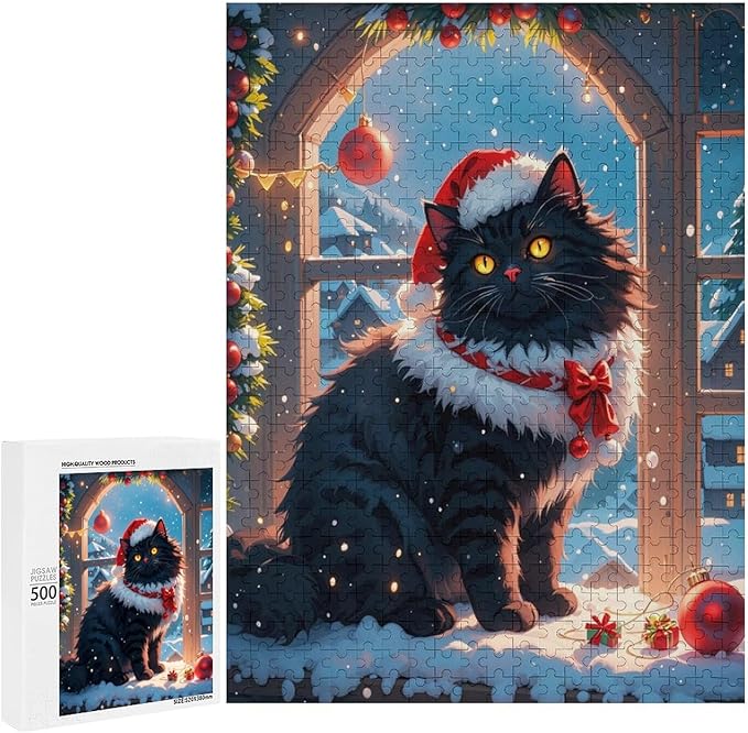 Jigsaw Puzzles for Adults 500 Piece - Christmas Black Cat Wooden Puzzles, Educational Games，Challenge Puzzles Puzzle Games, Stress Relief Games