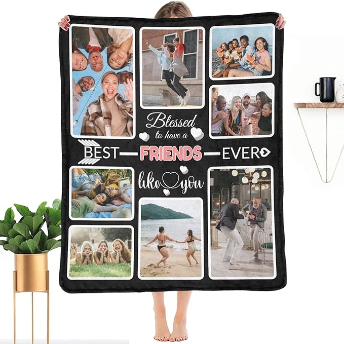 Custom Blanket Gifts with Photos, Personalized Bed Throws for Friends, Custom Souvenir Throw Blanket for Best Friends, 8 Collages Made in USA