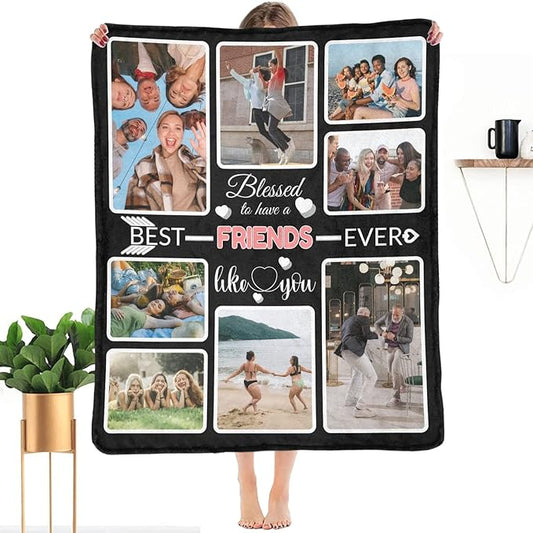 Custom Blanket Gifts with Photos, Personalized Bed Throws for Friends, Custom Souvenir Throw Blanket for Best Friends, 8 Collages Made in USA