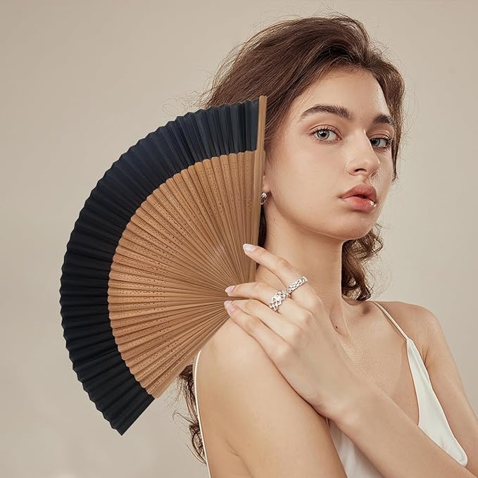 Hand Fan for Vintage Japanese Bamboo Silk Elegant for Dance Music Festival Wedding Church Decoration Party (Black, Medium)