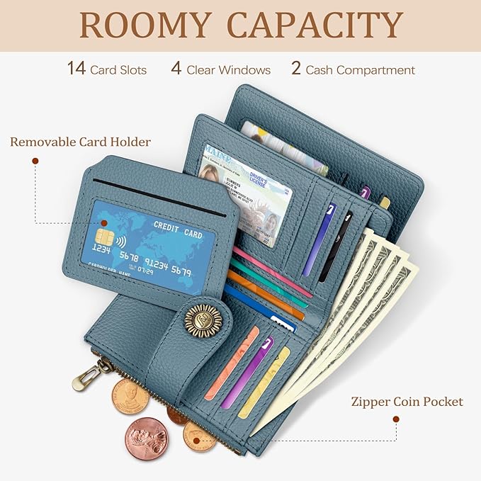 Blue Small Wallet Women RFID Blocking Bifold, Credit Card Holder, Zipper Coin Pocket, PU Leather, Compact, Travel, 4 ID Window, 14 Card Slots, Cash Purse, Ladies Woman Female Girls