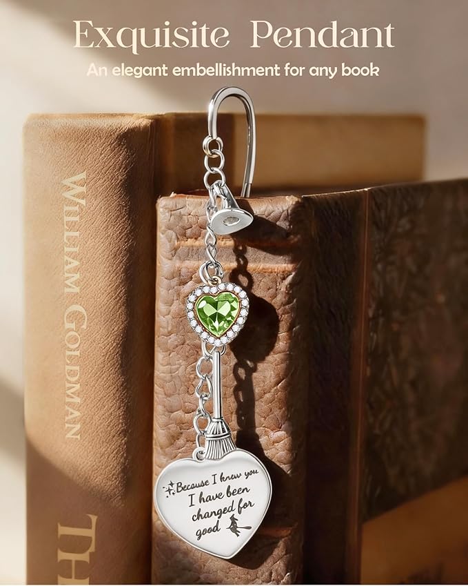 Buleens Bookmarks for Women Reading - Book Marks for Readers Book Lovers, Feather Fantasy Witch Green Personalized Metal Bookmark with Pendants, Pretty and Aesthetic Book Accessories Reading Gifts