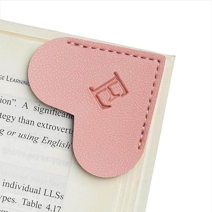 MOTEERLLU Personalized Leather Heart Bookmark with Initial, Cute Letters Custom Corner Book Mark for Reading Women, Teacher, Student, Book Lovers Gifts & Accessories(Pink, E)