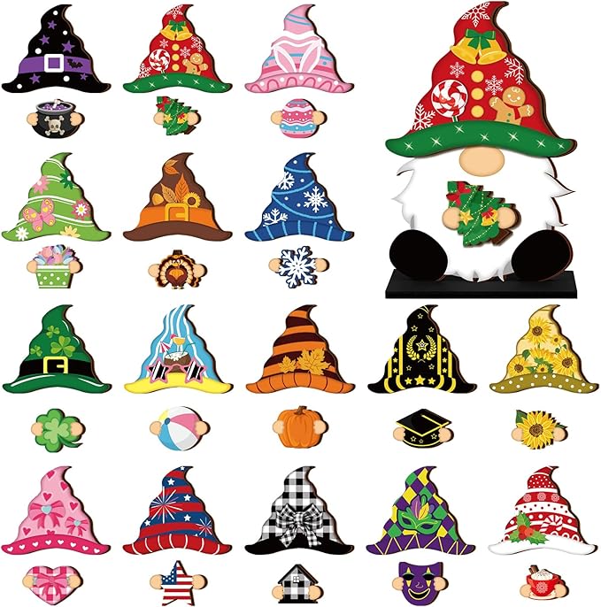 Blulu 34 Pcs Christmas Interchangeable Wooden Gnome Decor DIY Holiday Christmas Seasonal Tiered Tray Decoration Gnomes with Magnet Pieces Welcome Sign for Xmas Holiday Decorations (Stylish)