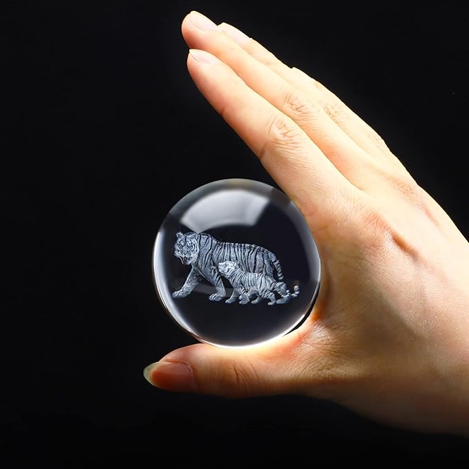 ZEERSHEE 60mm 3D Tigers Crystal Ball with Stand Glass Tiger Decorative Ball Paperweights Decor for Home Office