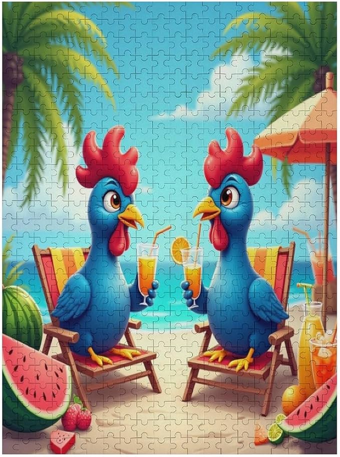 Jigsaw Puzzles for Adults 500 Piece - Cartoon Seaside Holiday Chicken Wooden Puzzles, Family Puzzles，Educational Games，Challenge Puzzles Puzzle Games