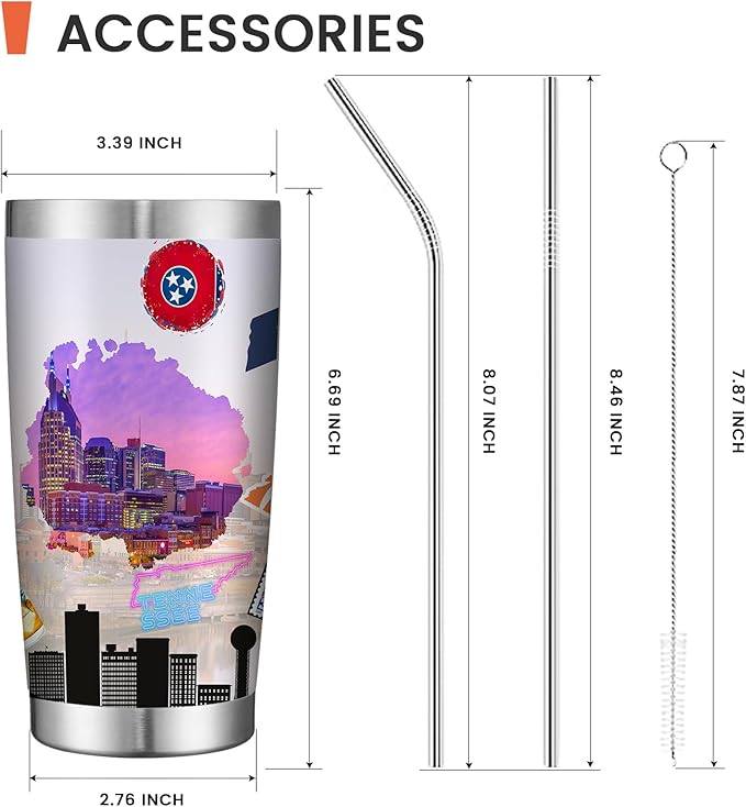 20oz Insulated Tumbler Tennessee State Coffee Mug, United States Map Travel Mug Landmark, Birthday Gifts Cute Custom Tumbler Cups with Lid and Straw Gifts for Mom