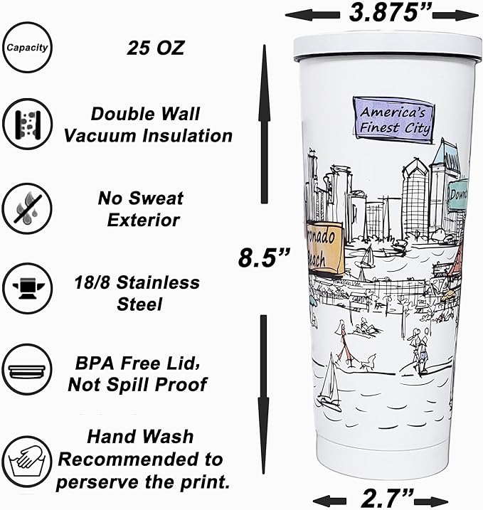 Cities Around the World 25 Oz Tumbler Series- Designed in the USA- Vacuum Insulated Tumbler with Lids Straw - Stainless Steel Coffee Water Travel Mug, Cup for Hot Cold Drink (San Diego)