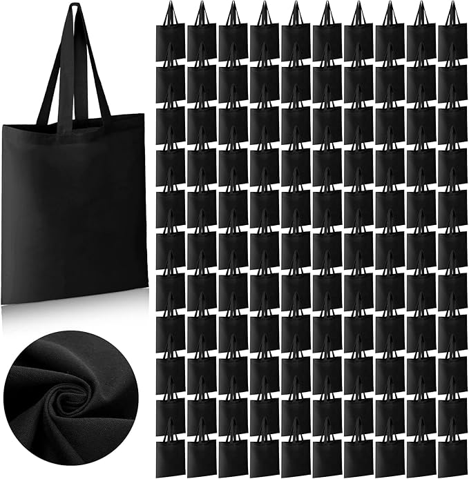 Roowest 120 Pieces Cotton Tote Bag Bulk 15 x 16 Inch Blank Canvas Tote Bags Reusable with Long Handle for Women Men DIY(Black)