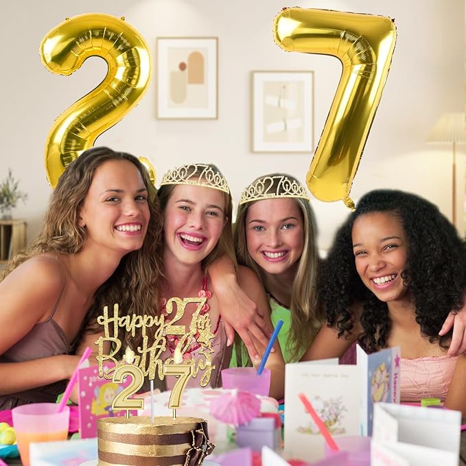 27th Birthday Decorations for Women Gold Set with 27th Birthday Tiara and Sash, Cake Topper and Candles, Number Balloons, 27 Year Old Gifts for Women