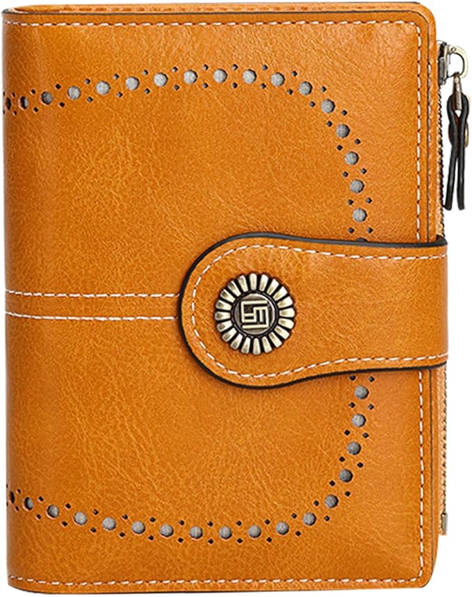 Women's Small Genuine Leather Bifold Wallet Large Capacity RFID Blocking with 16 Card Slots 2 ID Windows and Zipper Coin Pocket Pink (Yellow)