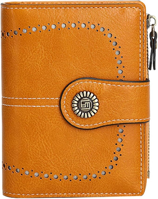 Women's Small Genuine Leather Bifold Wallet Large Capacity RFID Blocking with 16 Card Slots 2 ID Windows and Zipper Coin Pocket Pink (Yellow)
