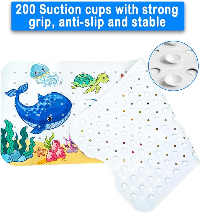 Kids Bath Mat with Ocean Theme Design, 40x16 inches, Non-Slip with 200 Suction Cups, Cartoon Sea Animals Pattern (Whale + Submarine, 40 * 16in)