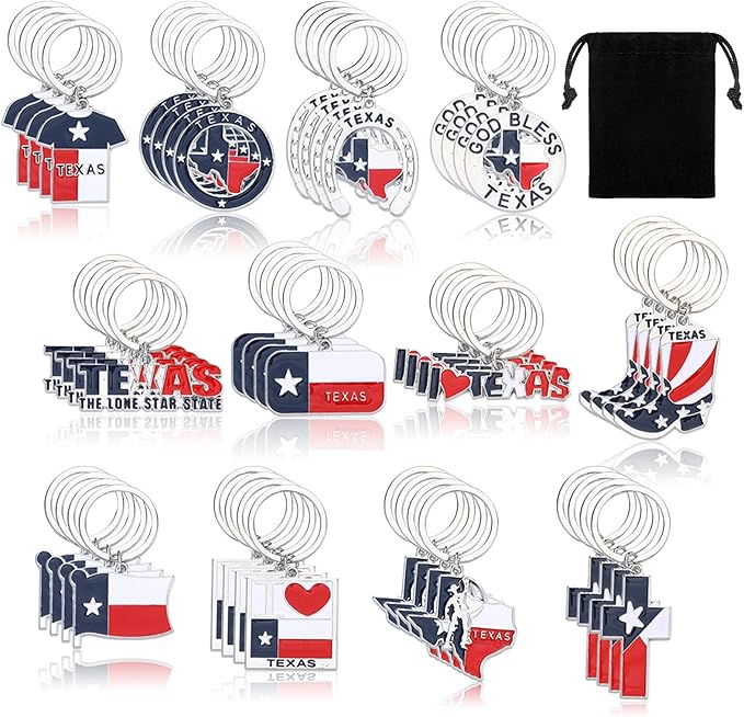 Tondiamo 48 Pcs Texas Metal Keychain Gifts Bulk with Black Velet Storage Bag Texas Souvenirs Lone Star State Map Shaped Keychain God Bless Boot Keyring Gifts