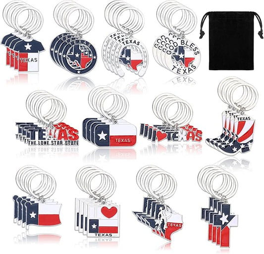Tondiamo 48 Pcs Texas Metal Keychain Gifts Bulk with Black Velet Storage Bag Texas Souvenirs Lone Star State Map Shaped Keychain God Bless Boot Keyring Gifts