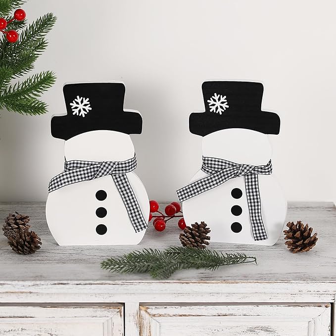 Christmas Decorations-2pcs Winter Wooden Snowman Signs Winter White Standing Farmhouse Snowman for Office Table Mantle Home Xmas Party Decor