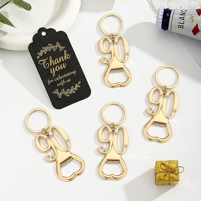 24 pcs 90th Gold Keychain Bottle Opener Birthday Party Favors for Guests,90th Beer Bottle Opener Favors Bulk for Birthday Anniversary Souvenirs Party Decor Supplies (Gold 90th)