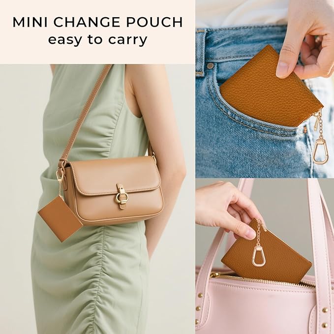 Brown Keychain Coin Purse for Women, Small PU Leather Change Pouch, Zipper Little Tiny Travel Wallet for Girls, Cute Kawaii Zip Pocket Coin Holder with Key Ring