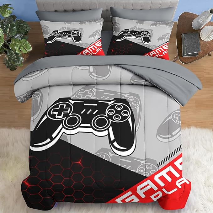 Comforter Set Full Size, Boys Play Game Gamepad 7 Pcs Bedding for Kids and Adults, Video Gaming Sport Bed Sheet Sets with Fitted Sheet 2 Pillowcases & 2 Shams for Bedroom Bed Decor