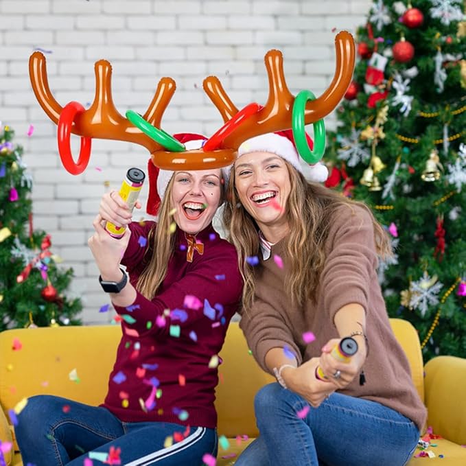 4 Pack Inflatable Reindeer Antler Ring Toss Game (4 Antlers 16 Rings 1 Pump) Reindeer Antler Hat Ring Toss for Xmas Party Great Christmas Games for Families